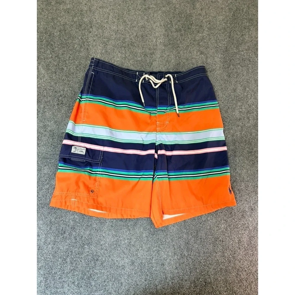 Polo Ralph Lauren Mens Orange Blue Striped Kailua Swim Trunks Shorts Size XL